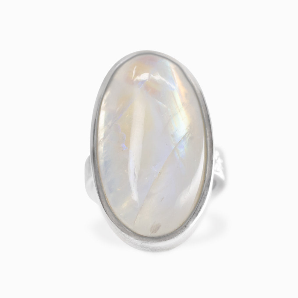 Oval Rainbow Moonstone cabochon sterling silver statement ring with blue iridescence.
