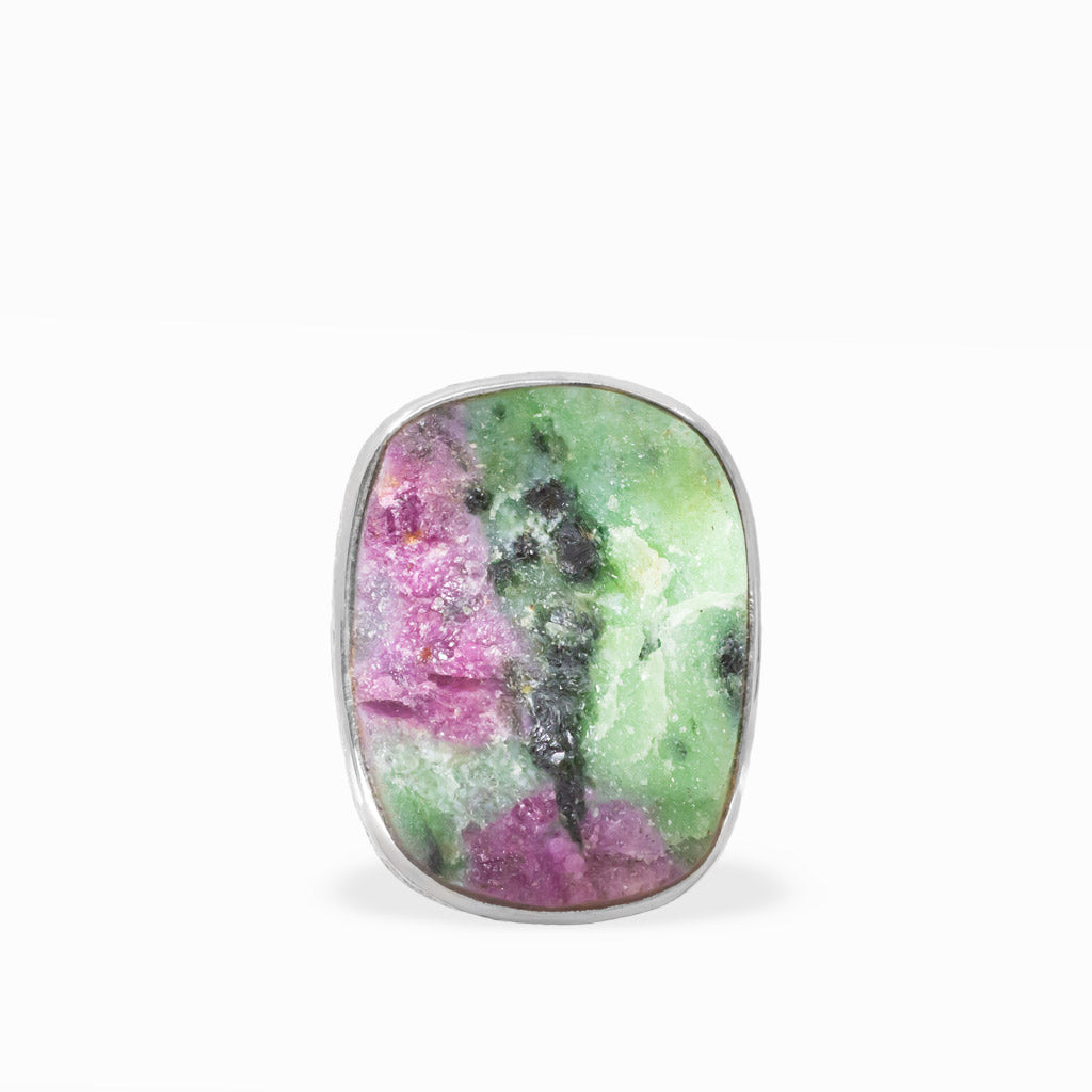 Rectangular Ruby Zoisite ring with vivid green Zoisite, pink Ruby patches, black mineral inclusions, and polished sterling silver bezel.