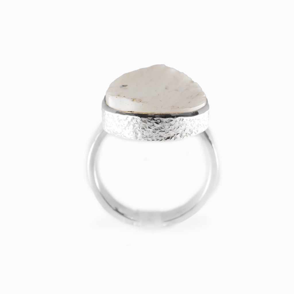 Teardrop Scolecite cabochon sterling silver statement ring with silky natural fibers.