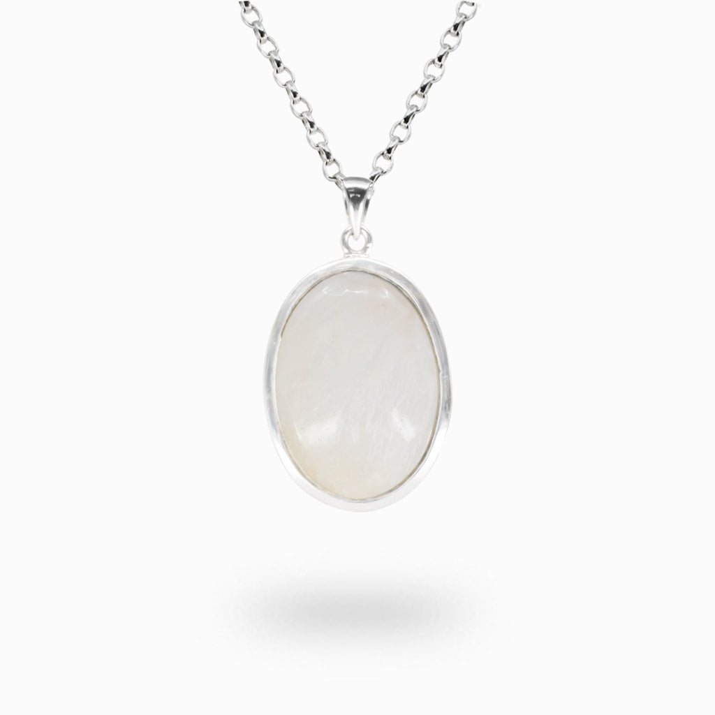 Oval white Scolecite cabochon pendant set in polished 925 sterling silver.