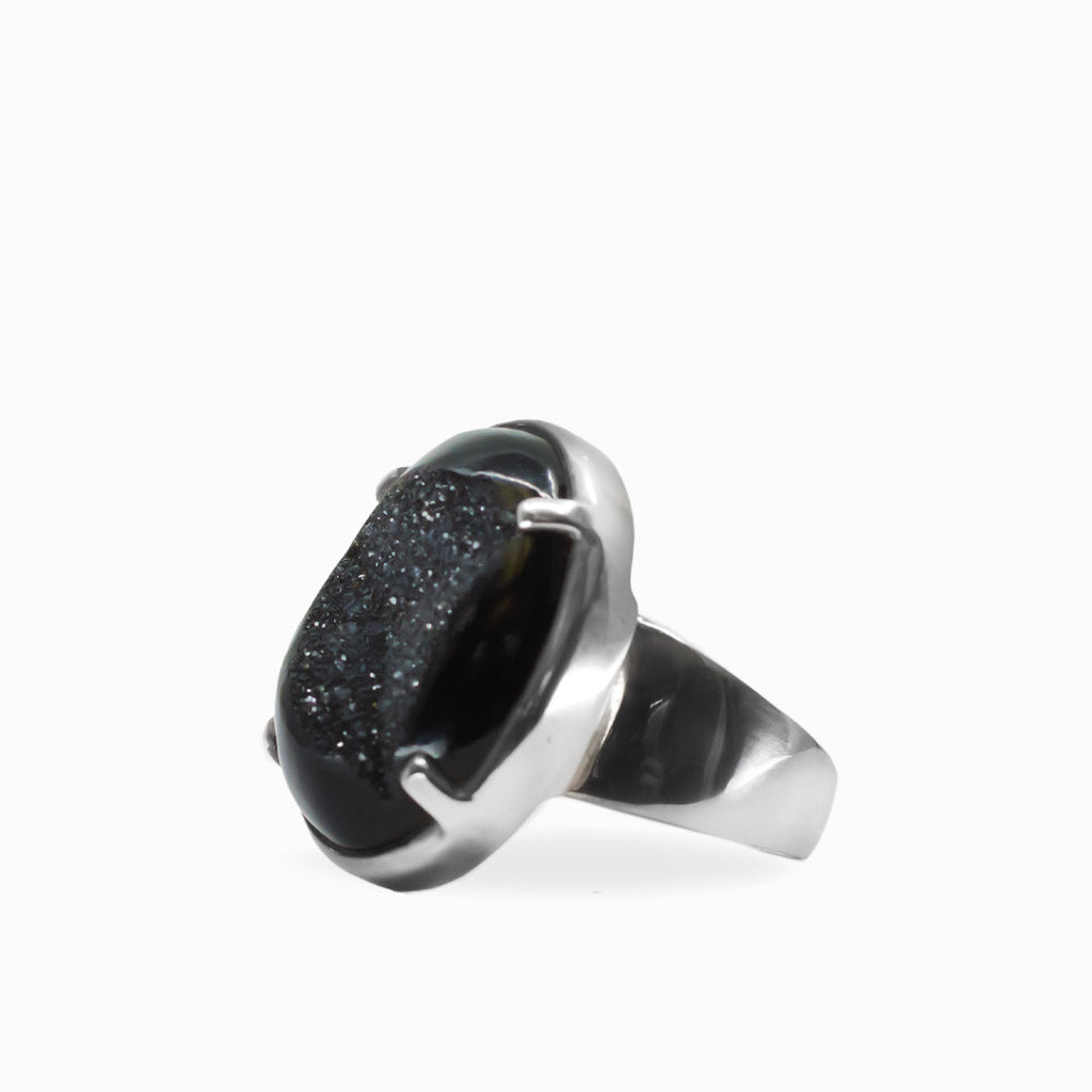 Black Onyx druzy statement ring in polished 925 sterling silver, featuring a sparkling crystal center and grounding, protective energy.