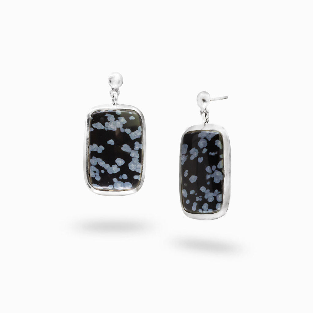 Sterling silver stud drop earrings featuring rectangular Snowflake Obsidian gemstones.