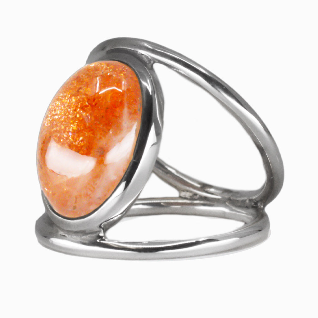 CABOCHON SUNSTONE OVAL BEZEL HALO RING STERLING SILVER | MADE IN EARTH 
