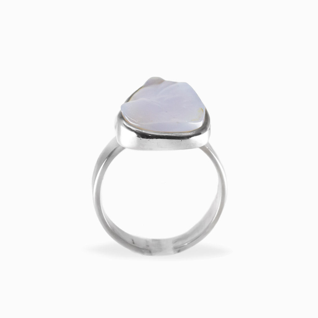 Elongated freeform blue-lavender Botryoidal Chalcedony ring in a polished 925 sterling silver bezel setting.