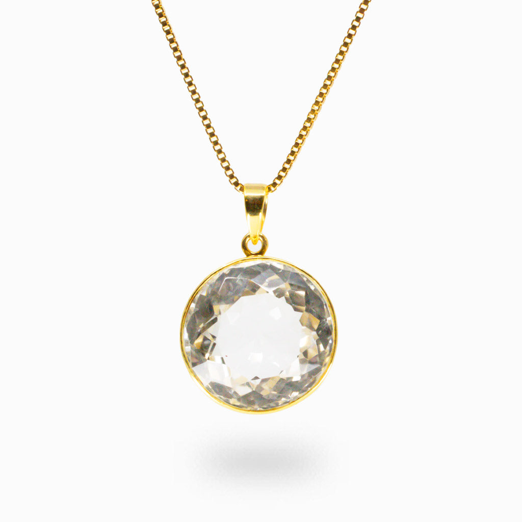 FACETED CLEAR QUARTZ ROUND YELLOW GOLD VERMEIL NECKLACE