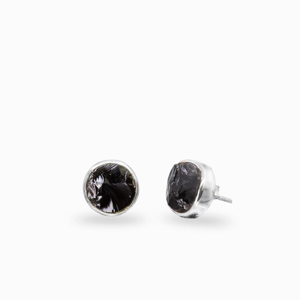 Sterling silver round stud earrings featuring polished Apache Obsidian gemstones.