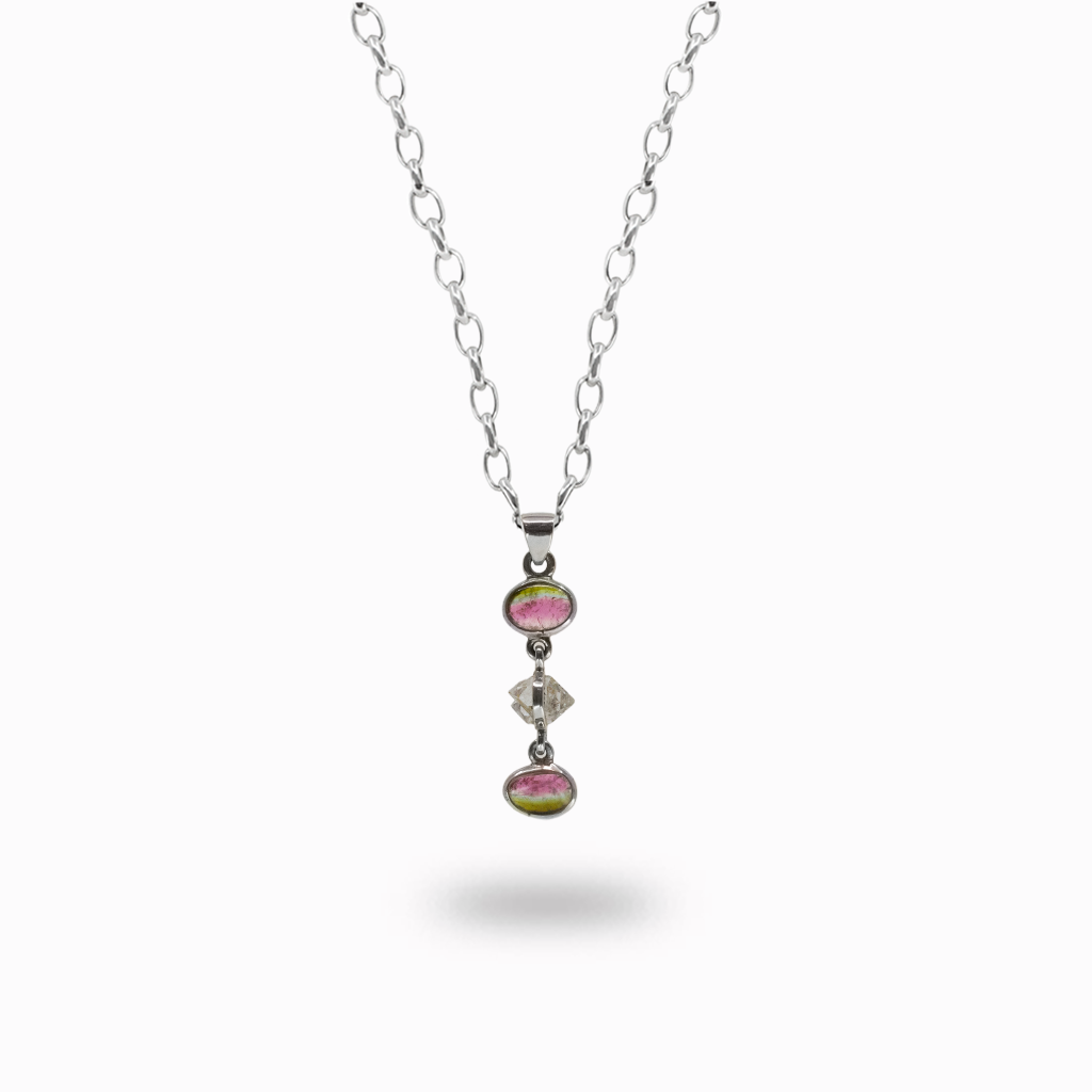 Watermelon Tourmaline and Herkimer Diamond Necklace