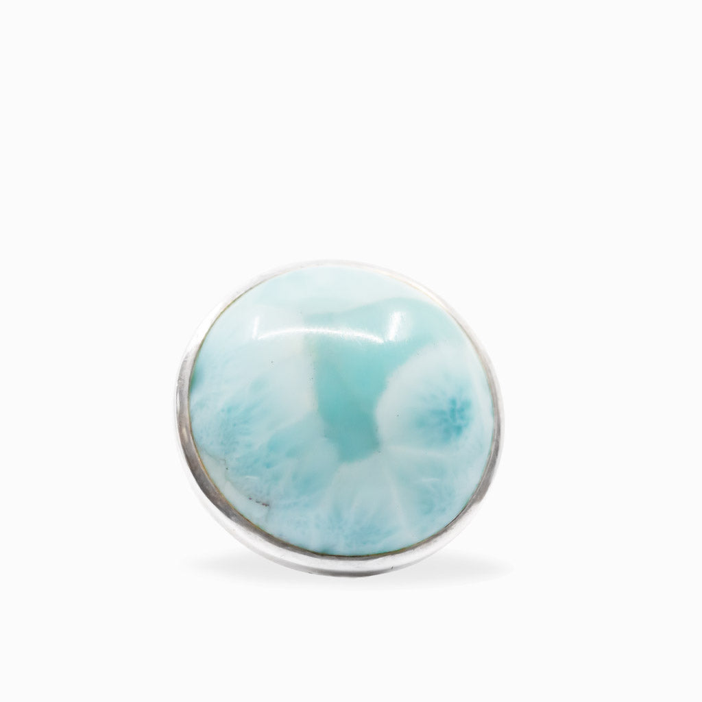 Rounded aqua-blue Larimar cabochon ring with white natural patterning in polished 925 sterling silver.