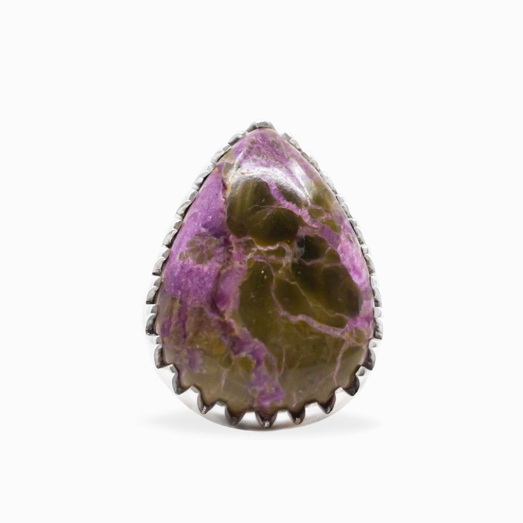Purple and earthy brown Purpurite teardrop cabochon ring with decorative scalloped sterling silver setting.