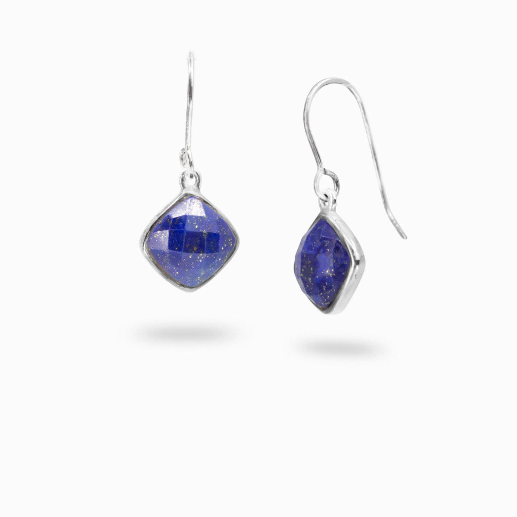 Faceted cushion-shaped Lapis Lazuli earrings in sterling silver bezel settings.