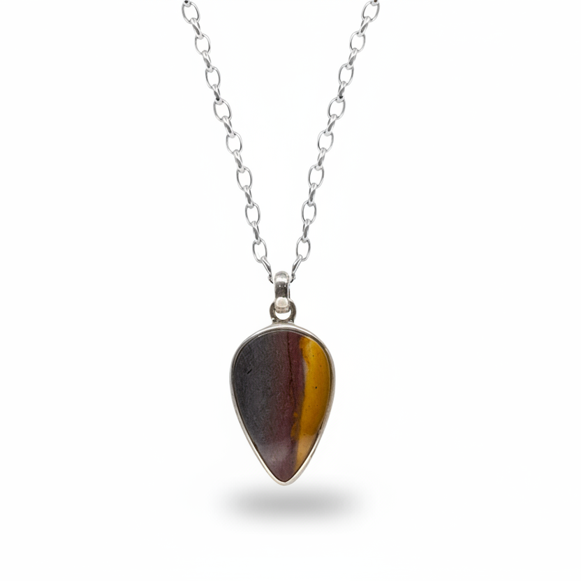 Teardrop mookaite cabochon pendant with earthy red and yellow tones in sterling silver
