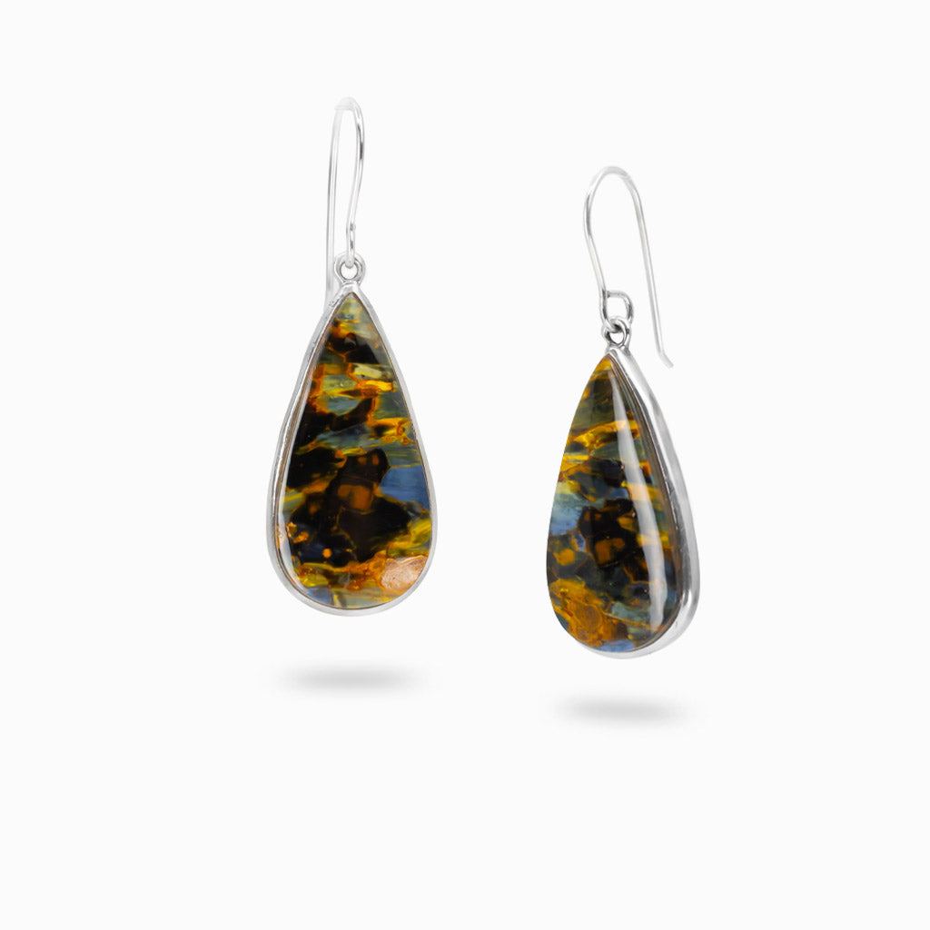 Pietersite polished teardrop cabochon earrings in sterling silver bezel settings.