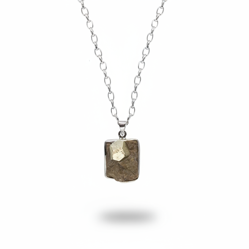 Raw pyrite in matrix pendant with metallic gold crystal in sterling silver necklace. MADE IN EARTH