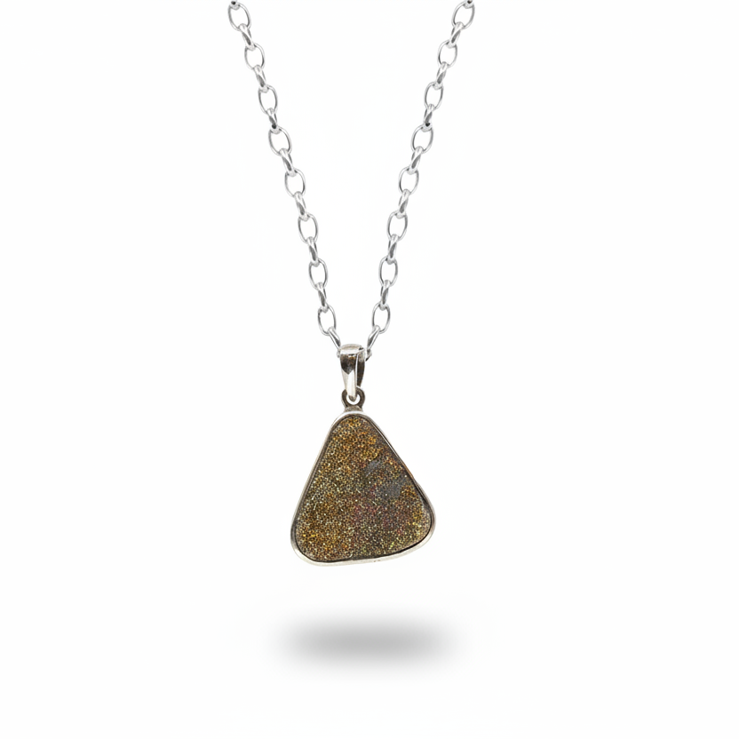 Raw rainbow pyrite pendant with iridescent metallic colors in sterling silver necklace