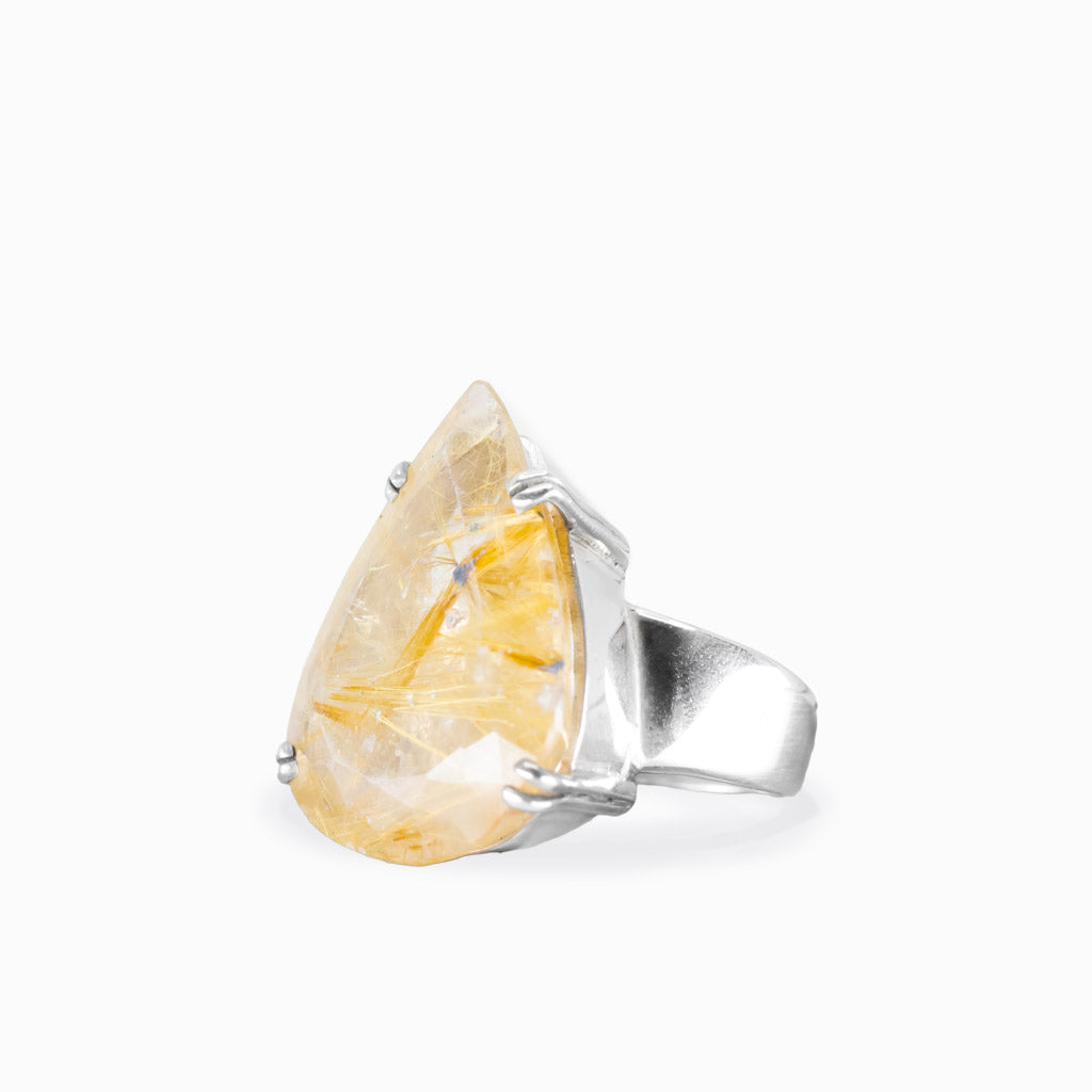 Faceted golden rutilated quartz ring in sterling silver