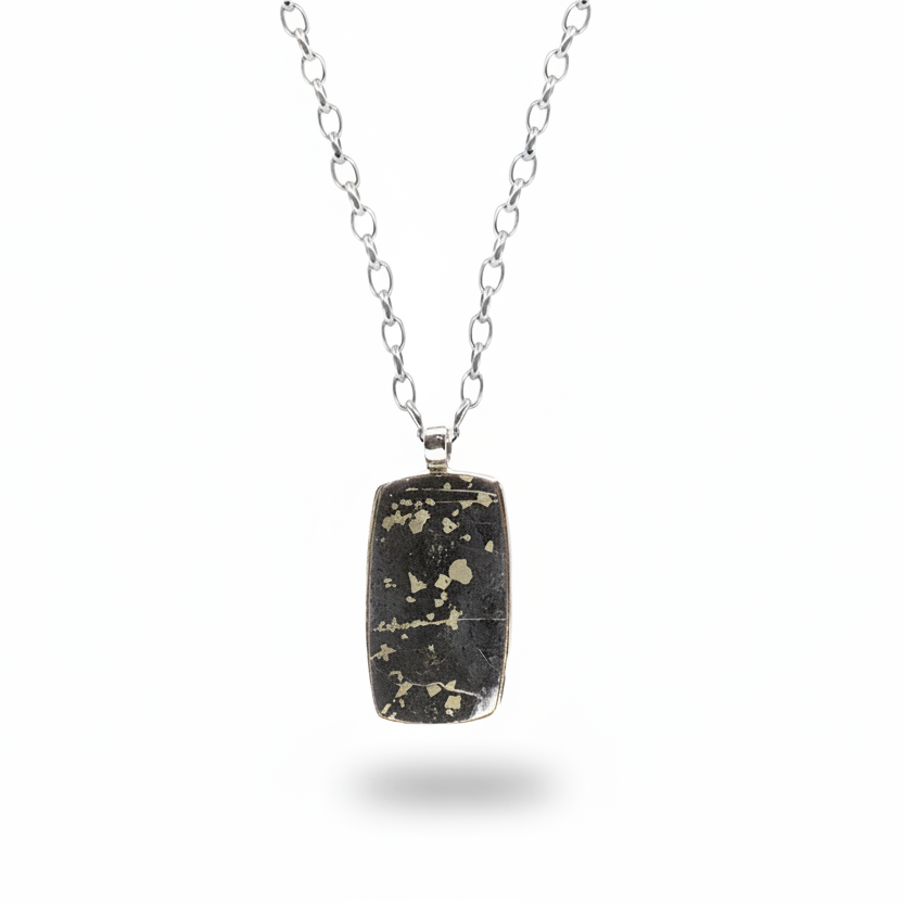 Rectangular Swiss pyrite cabochon pendant with metallic flecks in sterling silver necklace
