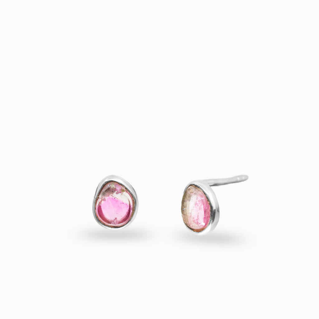 Sterling silver pear-shaped stud earrings featuring Watermelon Tourmaline gemstones.