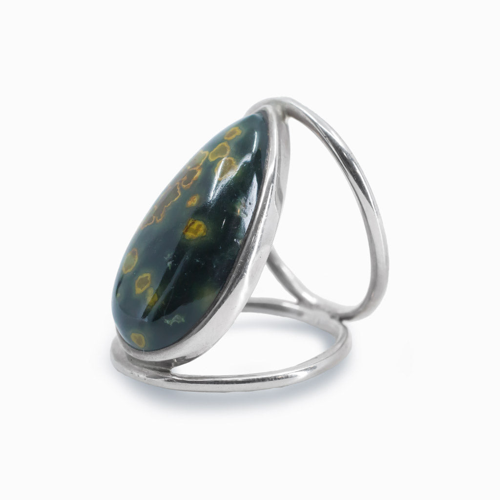 Teardrop Ocean Spray Agate Cabochon Halo Band Ring 