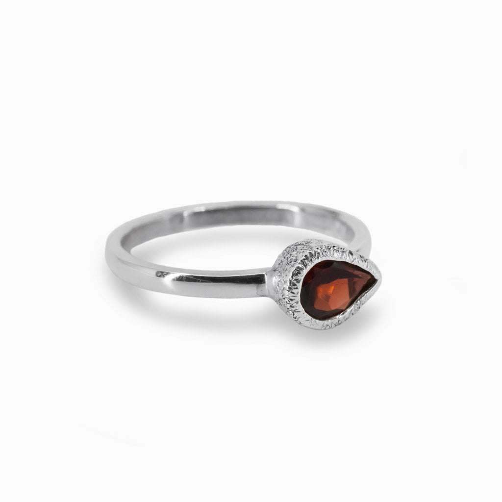 Faceted Teardrop Garnet Ring with Hammered Silver Made In Earth