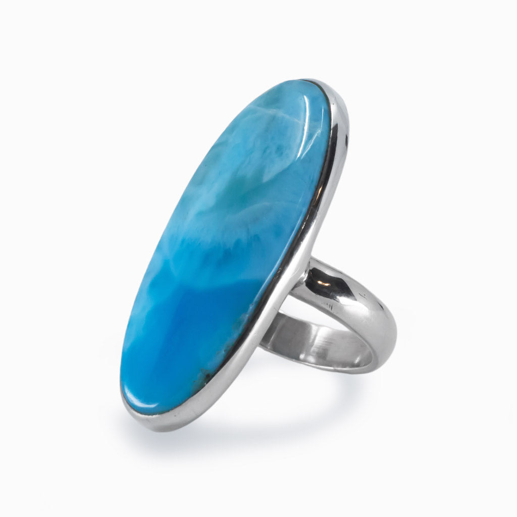 Rich Ocean Blue Larimar Cabochon Oval Ring Made In Earth
