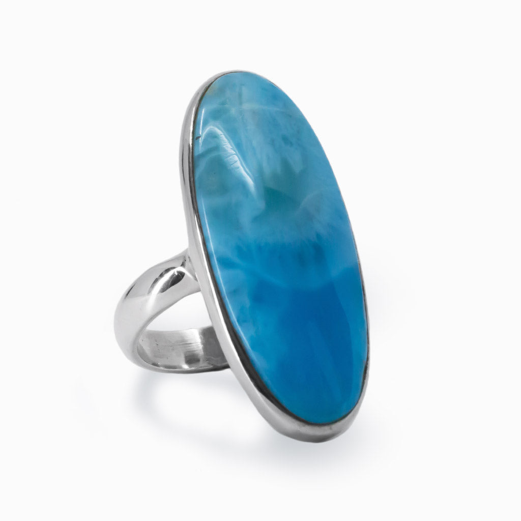 Rich Ocean Blue Larimar Cabochon Oval Ring Made In Earth