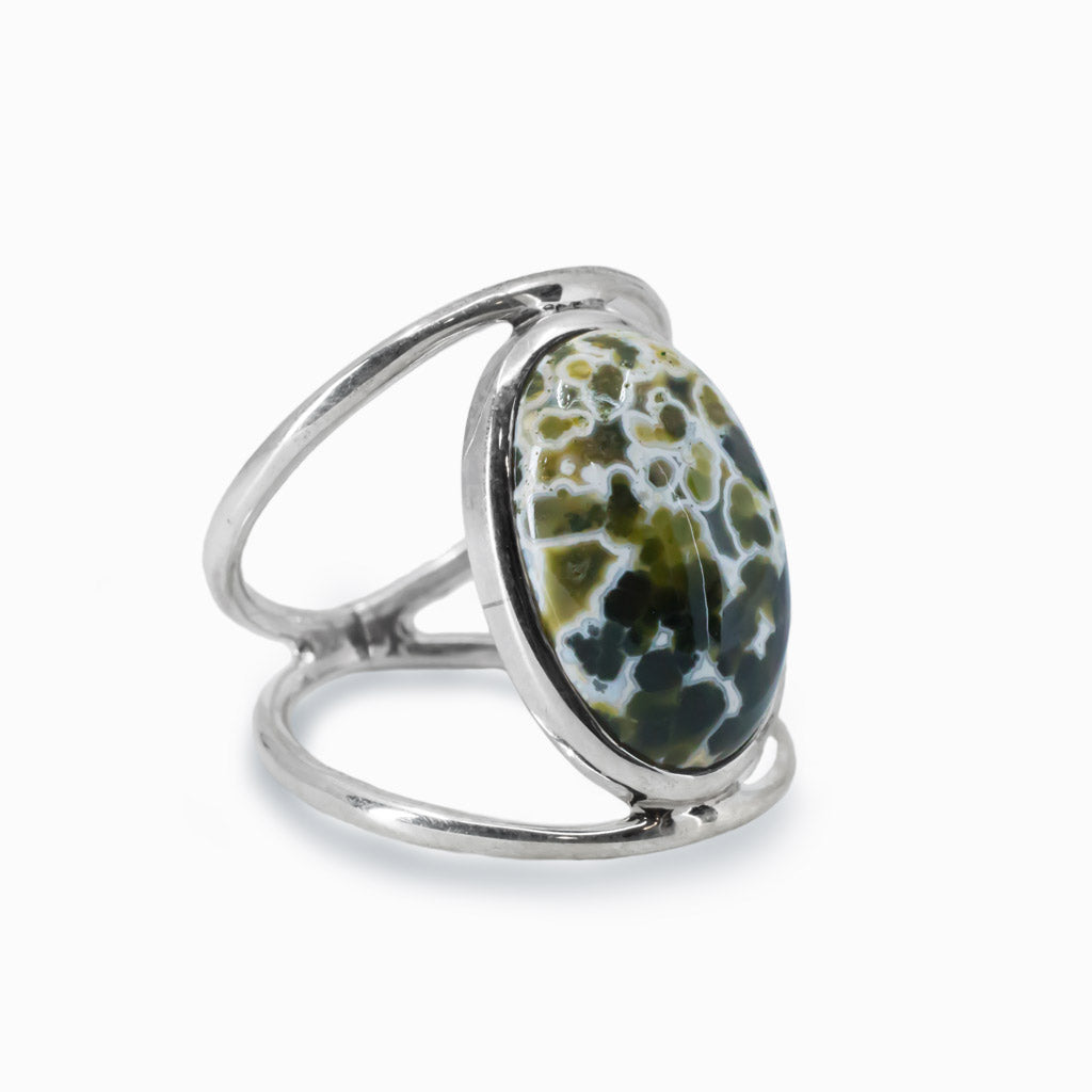 Spotted Ocean Spray Agate Cabochon Ring in silver open band