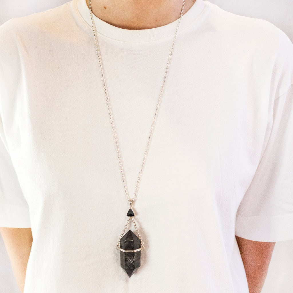 Raw Enhydro Quartz Black Tourmaline Faceted Necklace on Model Made In Earth