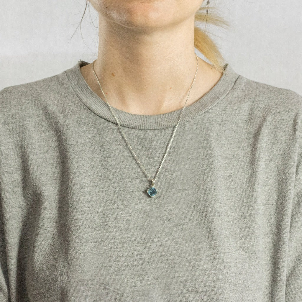 Square shape Light Blue Topaz Necklace on model