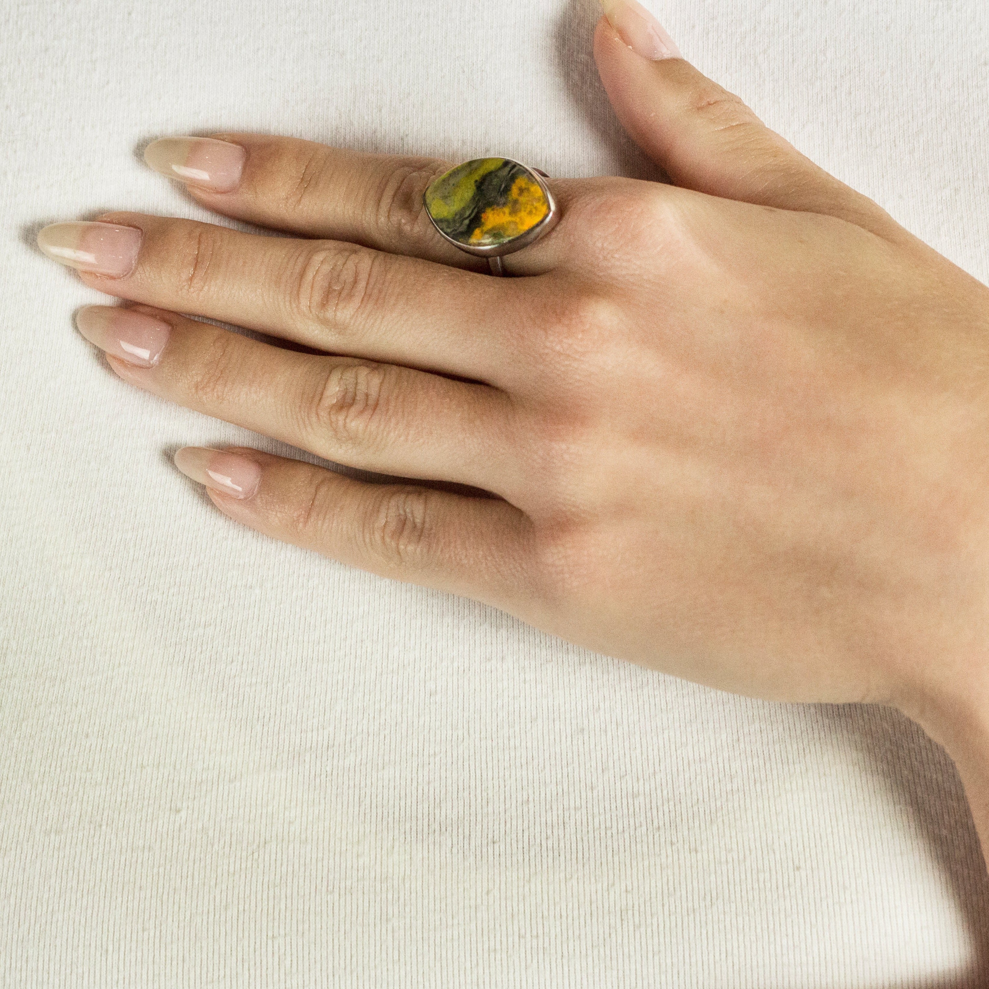 Marquis Black and Yelllow Bumblebee Jasper Ring Made In Earth On Model