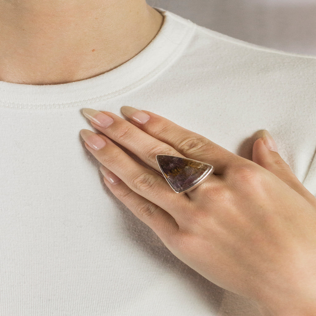 Model Wearing Purple Cacoxenite Triangle Ring in 925 Sterling Silver Rope Band