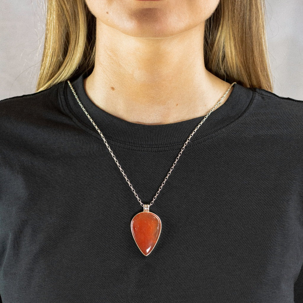 Model Wearing Orange Carnelian Teardrop Necklace