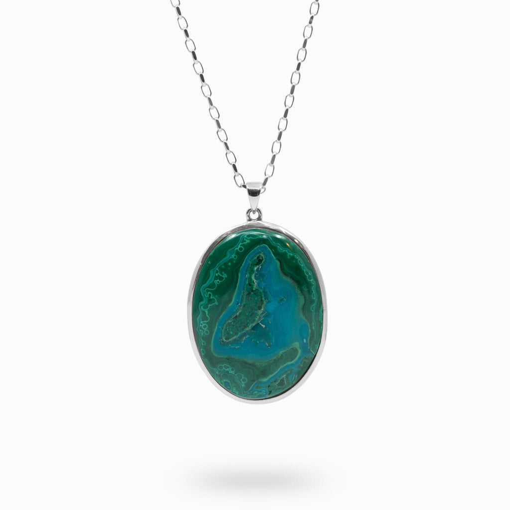 sterling silver blue-green oval cabochon Chrysocolla Malachite necklace