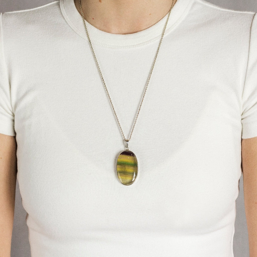 Green Yellow Purple Fluorite Cabochon Necklace in Sterling Silver on Model