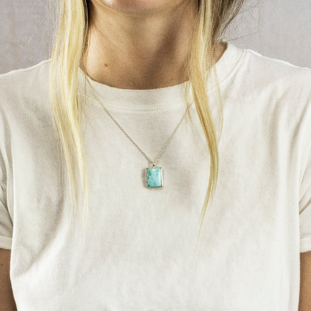 Rectangular Blue Larimar Cabochon Necklace On Model