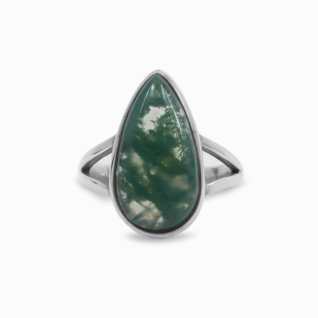 Tear Cabochon Moss Agate ring