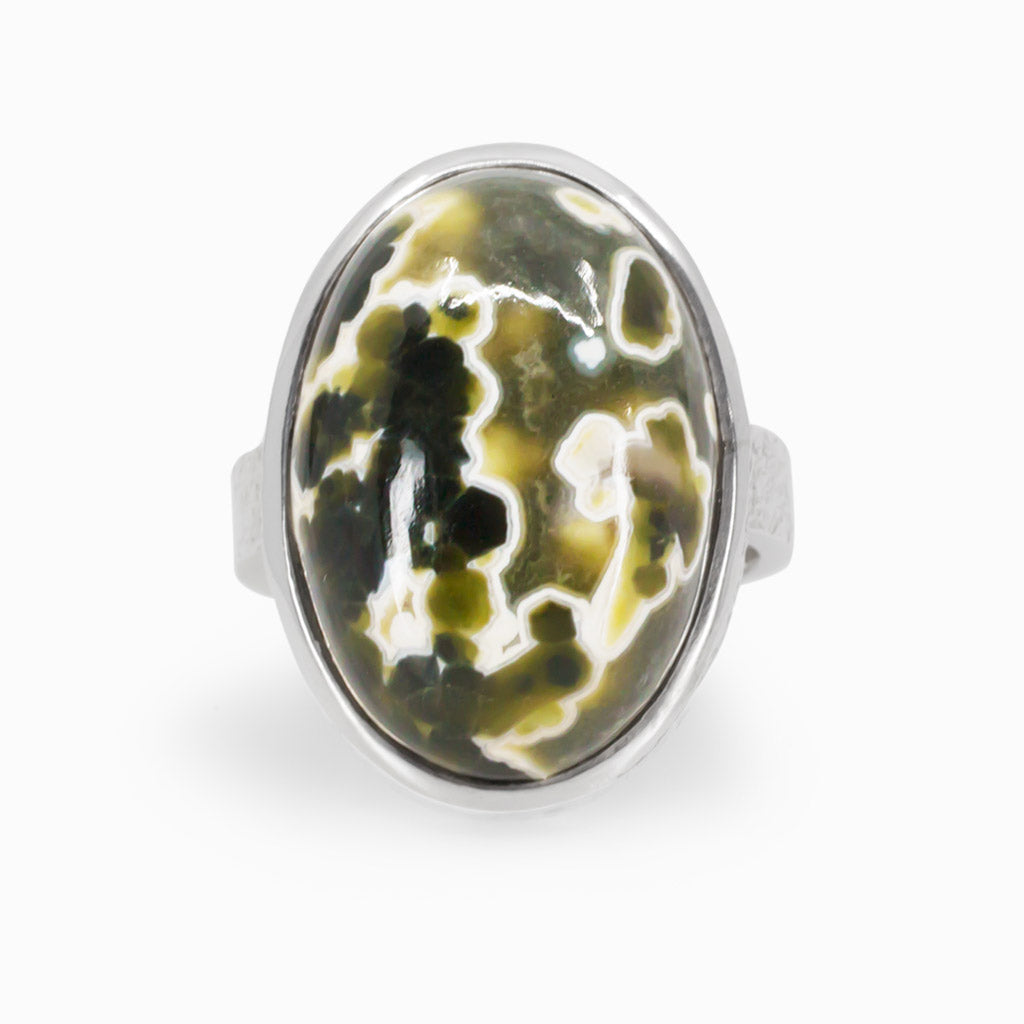 Yellow Black White Ocean Spray Agate Ring