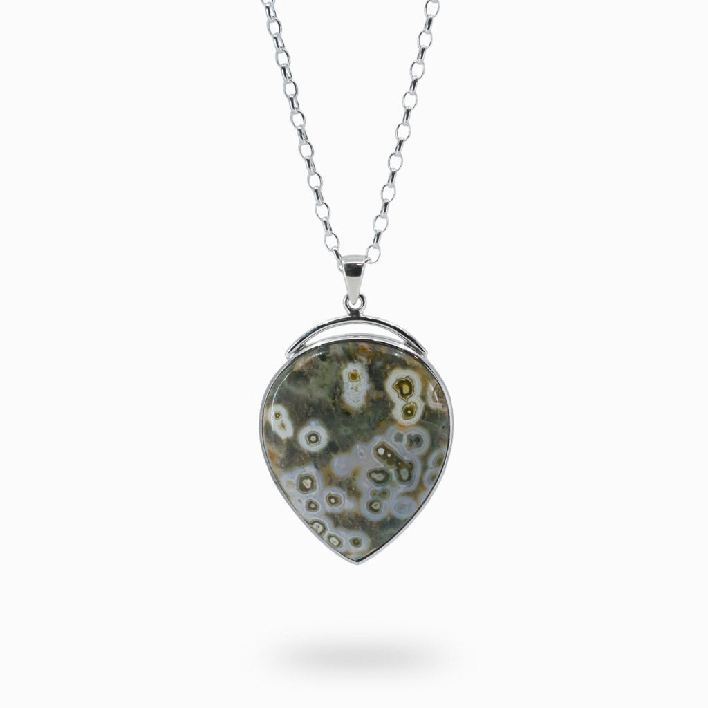 Green Spotted Ocean Spray Agate Teardrop Necklace in Sterling Silver Made In Earth