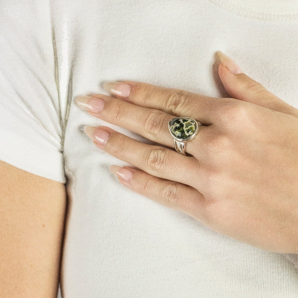 Spotted Teardrop Ocean Spray Agate Cabochon Ring in Sterling Silver Filigree On Model