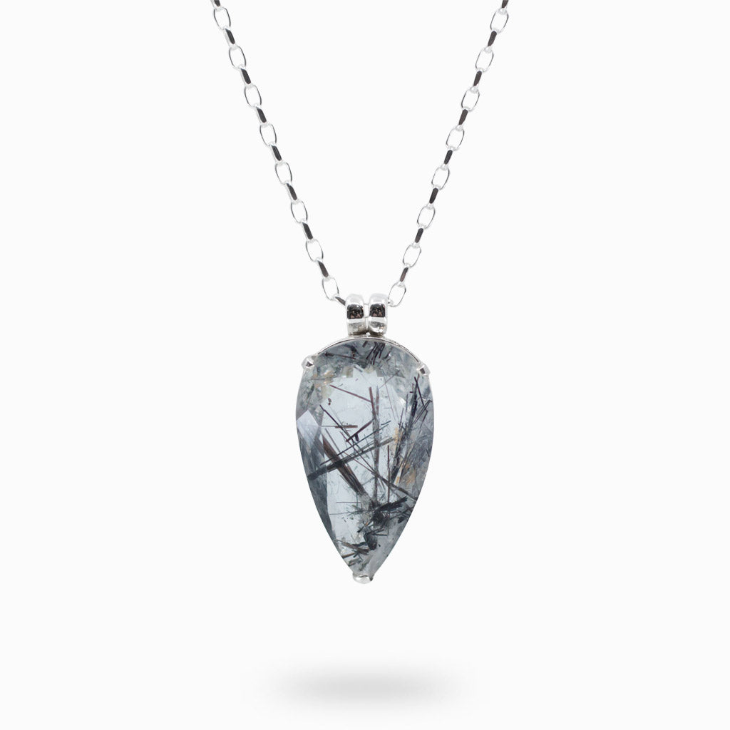sterling silver tear black and clear faceted Tourmalinated Quartz Necklace