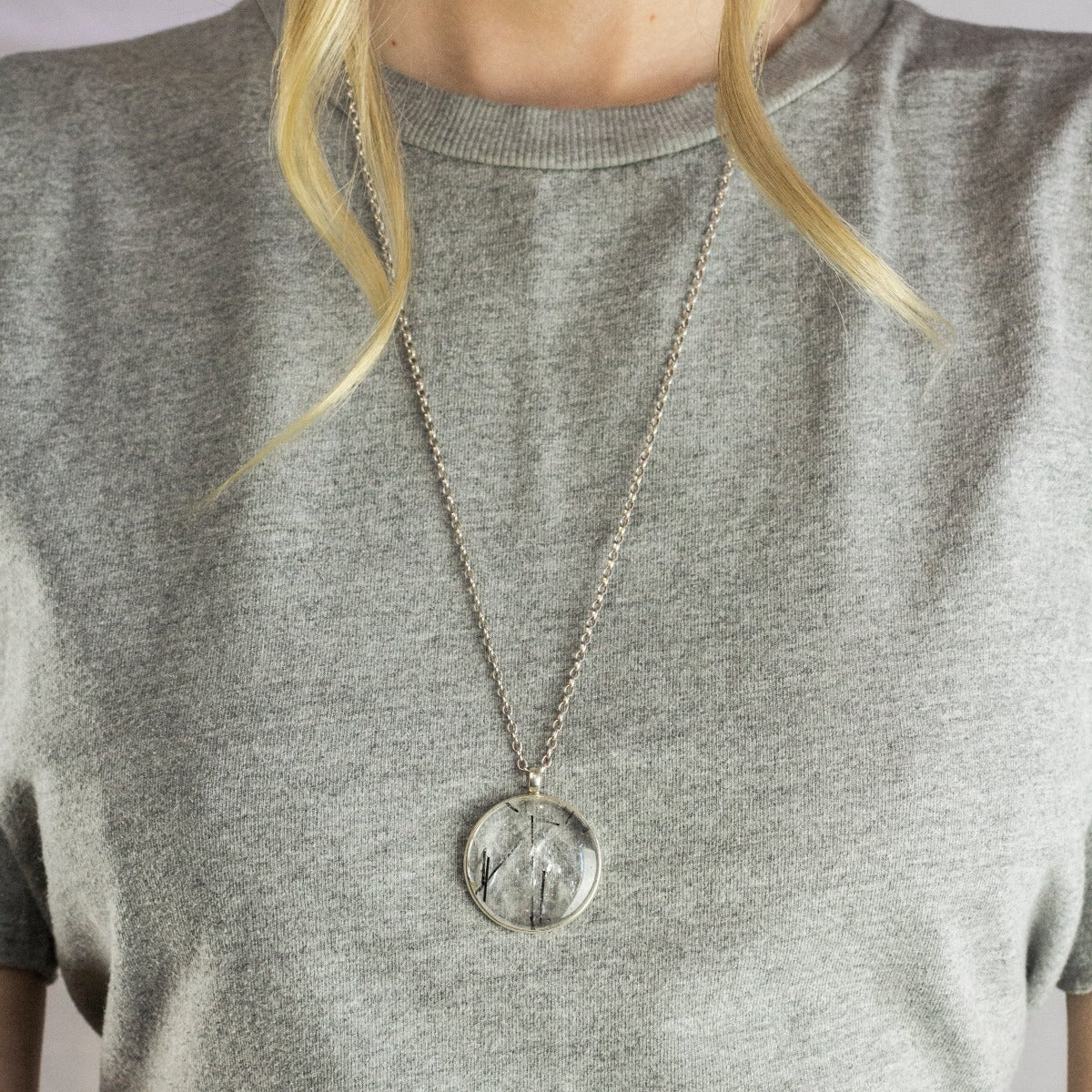 Sterling Silver Round black and clear cabochon Tourmalinated Quartz Necklace on model