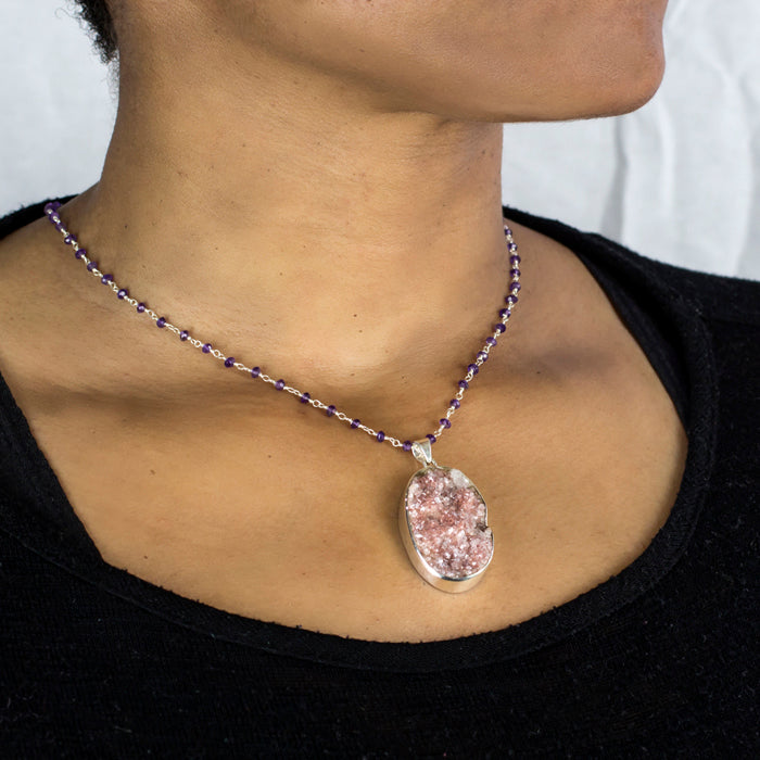 OVAL SHAPED PINK DRUZY STERLING SILVER APOPHYLLITE NECKLACE ON MODEL