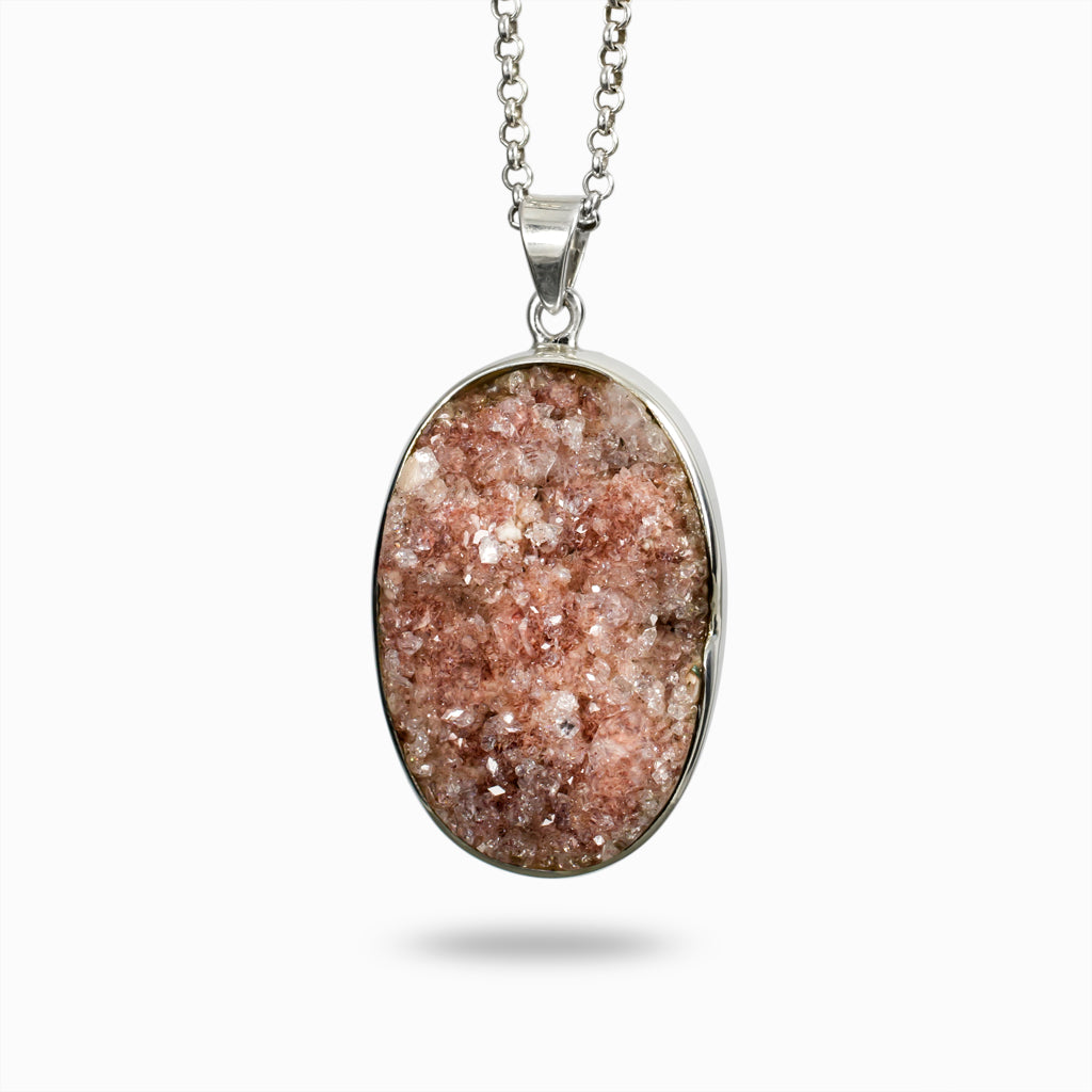 OVAL SHAPED PINK DRUZY STERLING SILVER APOPHYLLITE NECKLACE