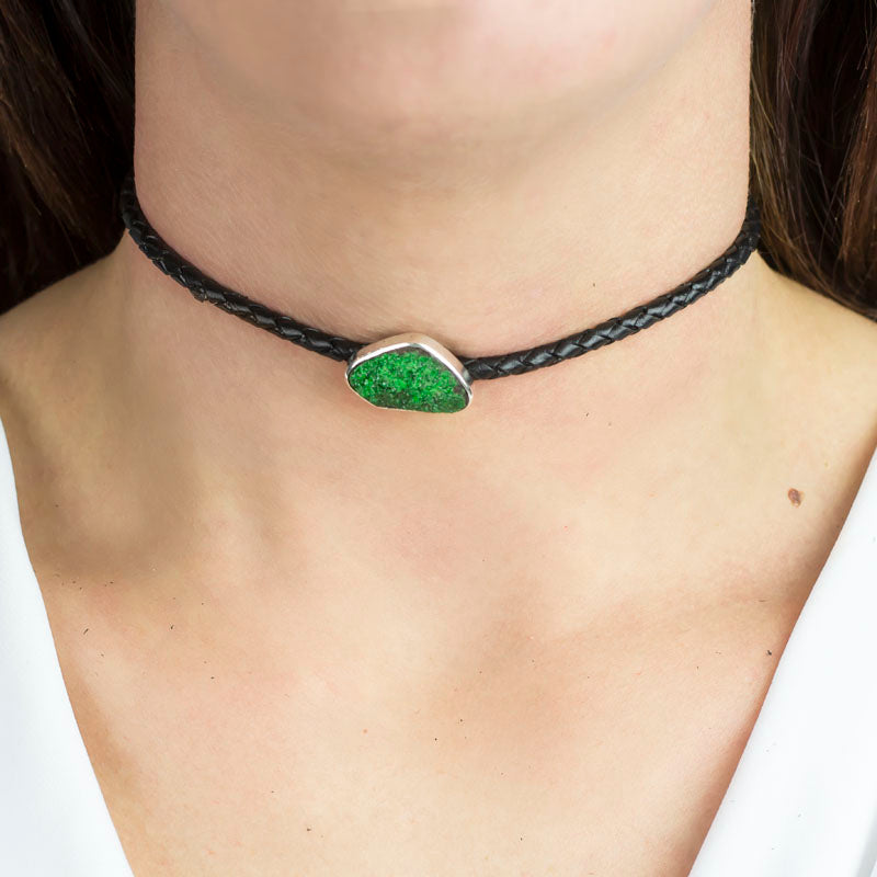 Uvarovite Braided Leather Choker Necklace on Model