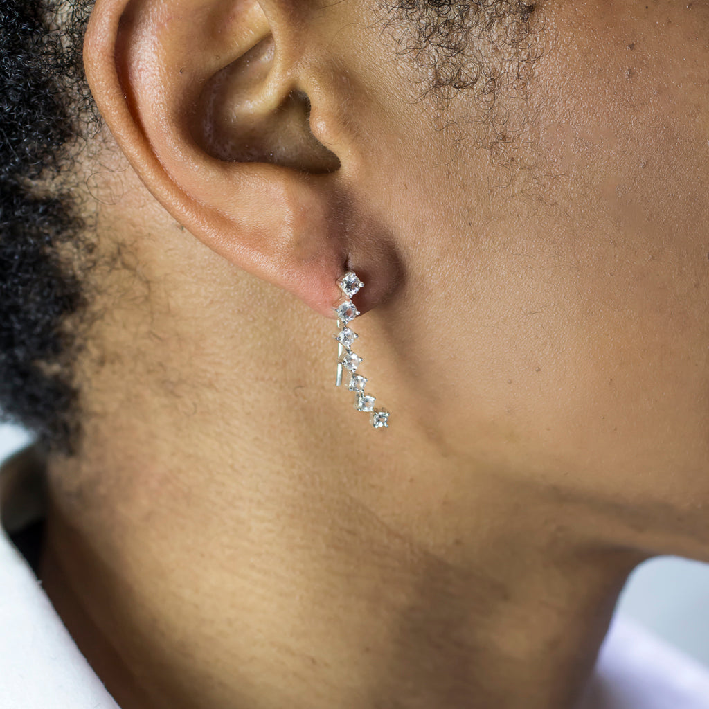 White Topaz ear climber drop earrings on model